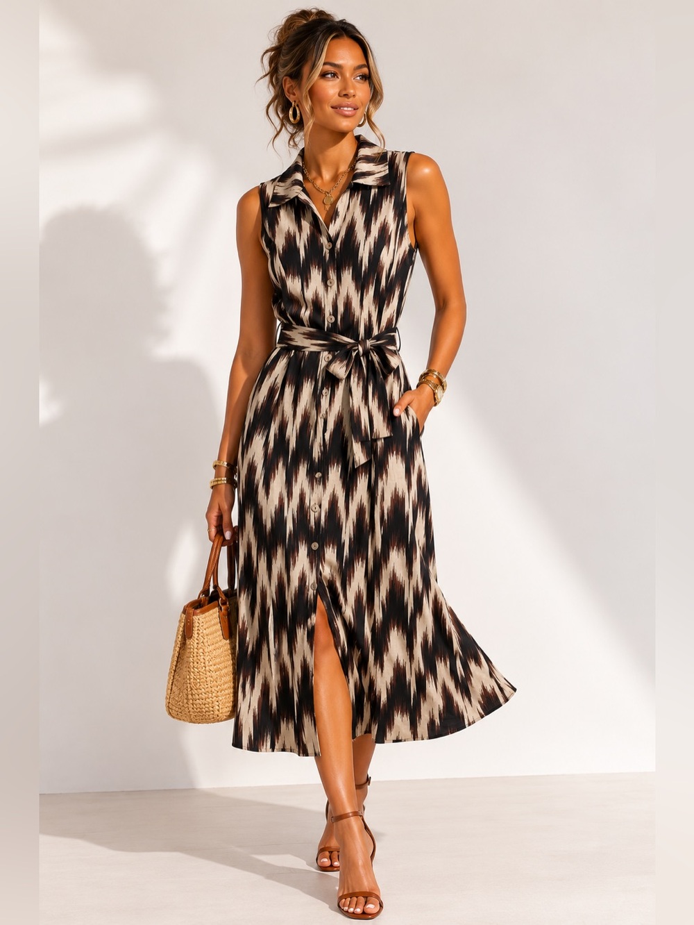 Chico's Black & Cream Linen Ikat-Print Sleeveless Belted Dress Sz. 1.5 (8-10)